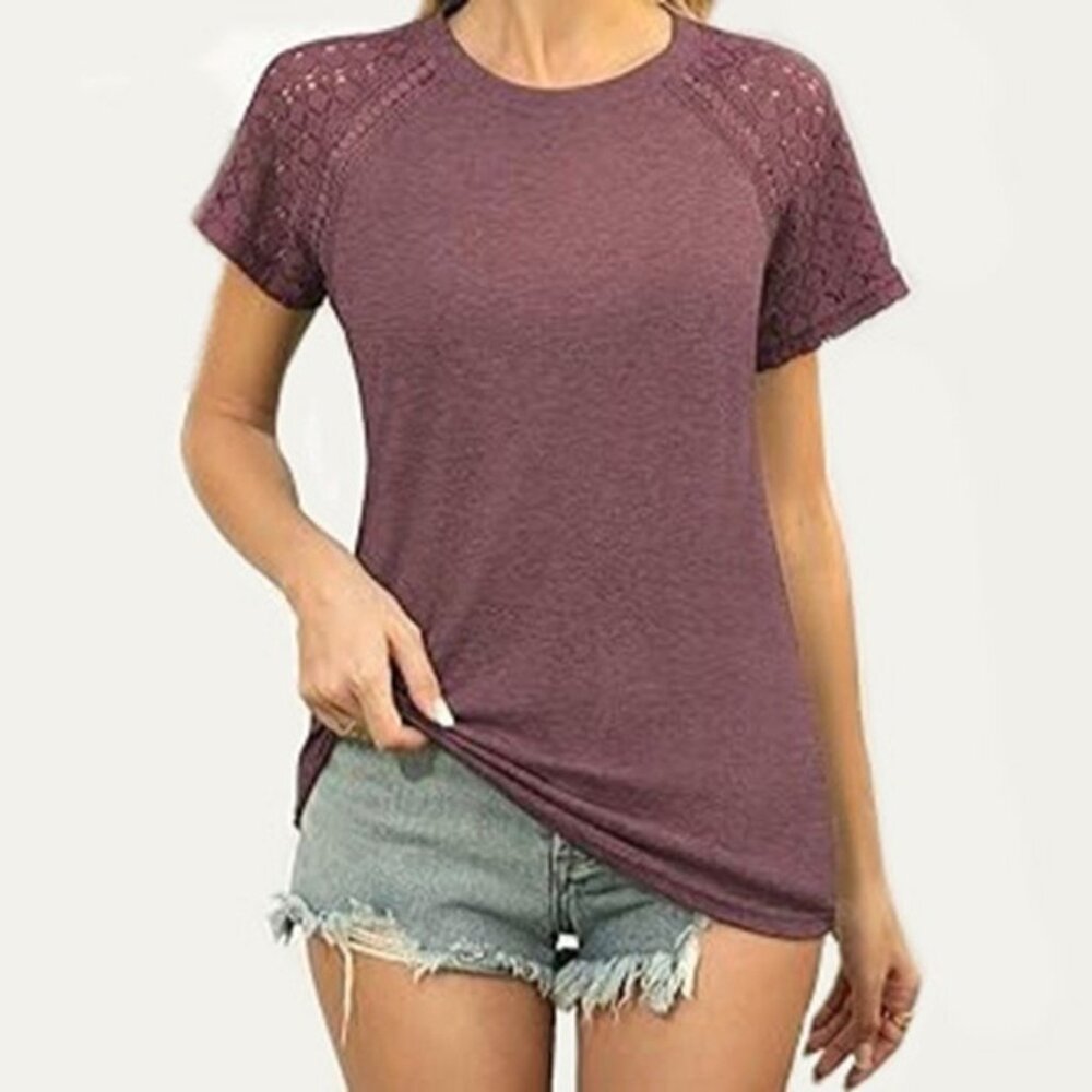 Luxveer Women's Lace Short Sleeve Tops Dressy Casual Blouse Wine Red Size 3XL